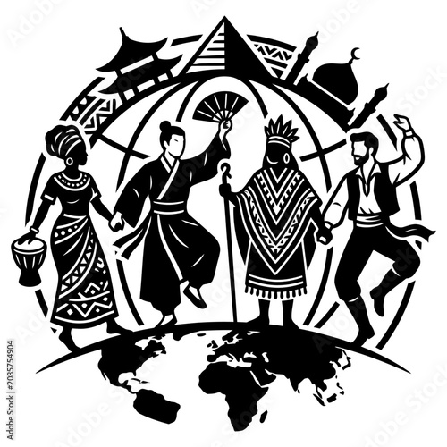 diverse people from various world cultures dancing on a globe celebrating global unity and international cooperation.