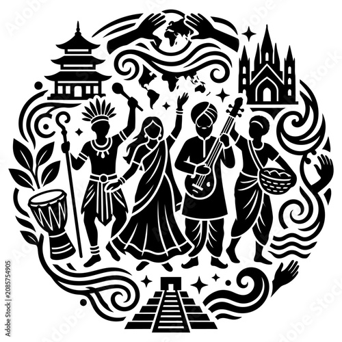 diverse people from global cultures celebrate unity and world heritage symbolizing international community.