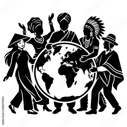 global unity and cultural diversity illustrated by a diverse group of people from different cultures holding the earth.