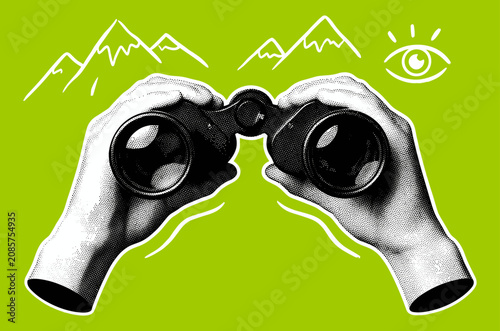 Hands holding binoculars with mountain, nature observation halftone illustration