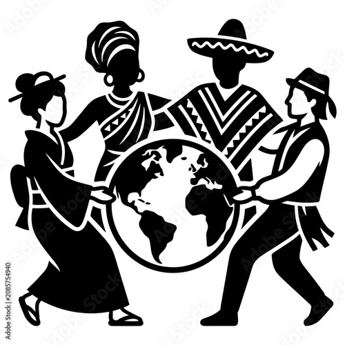 four diverse people from different cultures collaboratively carrying a large globe representing global unity teamwork and environmental care