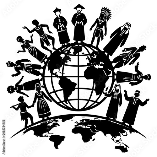 people of the world representing diverse cultures and global community stand united on an earth map illustrating multiculturalism and international unity.