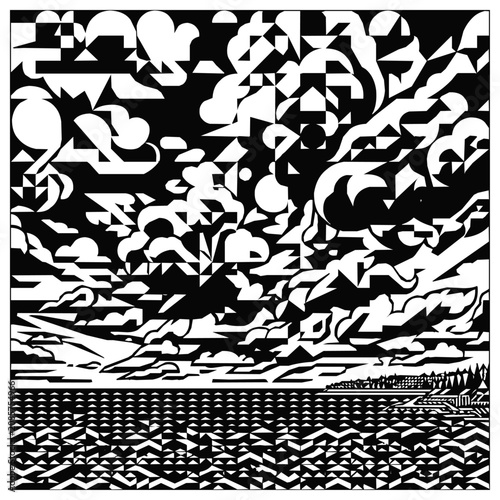 Abstract geometric landscape in a monochrome style depicting a coastal sea view with dramatic clouds and a mosaic-inspired horizon.
