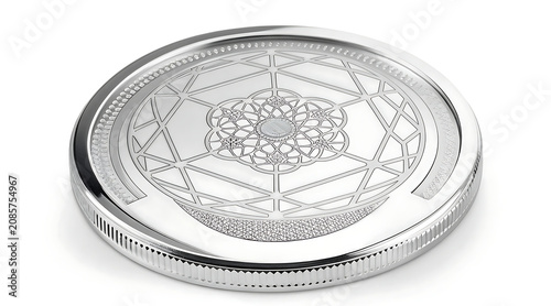 Intricate silver medallion with geometric floral motif and polished edge, reflective chrome finish conveying elegance and precision