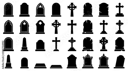 Foto Tombstone Silhouettes Collection: Gravestone Icons, Cemetery Markers, Memorial H