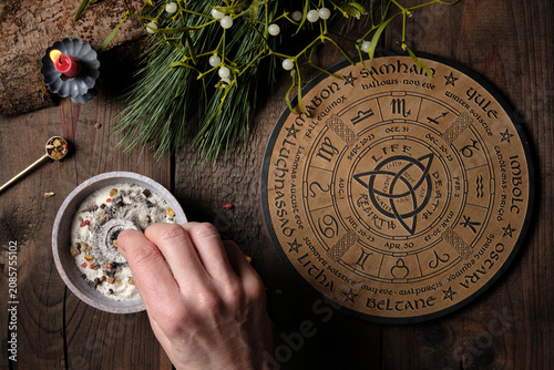 Wheel of the Year incense ritual - placing frankincense and  dried herbs by hand on a glowing charcoal