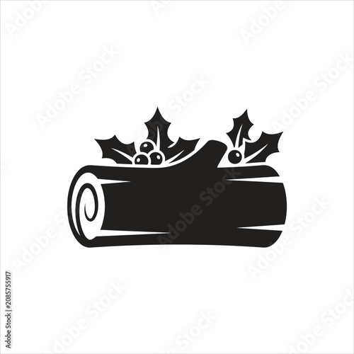 Tableau sur toile A black vector illustration of a festive Christmas yule log with holly on a white background, perfect for holiday and seasonal designs