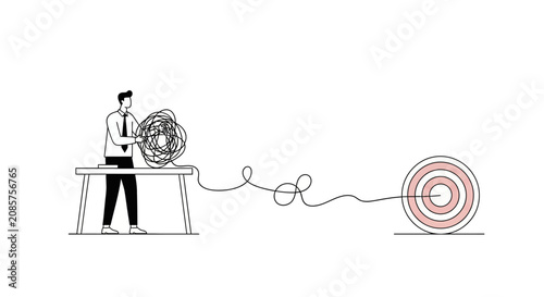 Business Professional Successfully Organizing Messy Strings Into Clear Straight Paths Towards Target Goal at Office