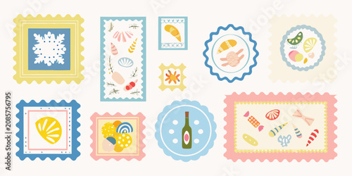 Foto Seashells Pastries And Beverage Vector Illustrations In Pastel Frames