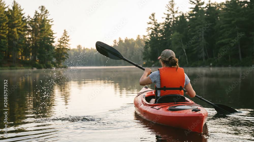 Obraz premium Woman Kayaking on Calm Lake Surrounded by Pine Trees at Sunrise