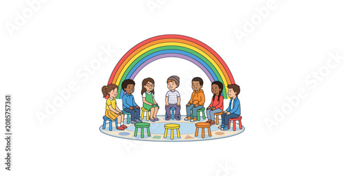 Tableau sur toile Children Sitting in a Circle Under a Rainbow Vector Illustration