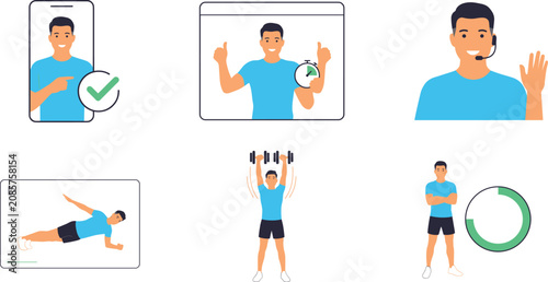 Foto Online Personal Fitness Trainer Vector Icon Set Featuring Video Call Coaching Du