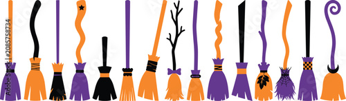 Bild auf Leinwand Halloween witch broom icon collection featuring magical broomsticks with whimsic