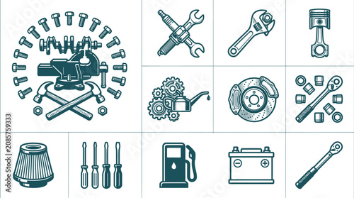 Bild auf Leinwand Set of black and white automotive repair tool and car part icons featuring bench vise, hammers, crankshaft, spark plug, piston, brake disc, battery, fuel pump, and various wrenches