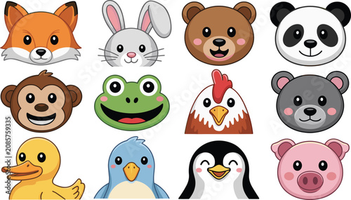 Photography Cute Animal Cartoon Icon Set Featuring Fox Rabbit Bear Panda Monkey Frog Chicken