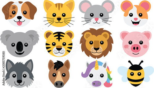 Photography Cute Animal Face Icon Set Featuring Dog Cat Mouse Koala Tiger Lion Pig Wolf Hors