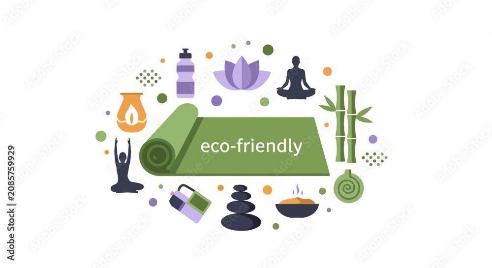 Fototapeta premium Eco-friendly Yoga and Wellness Concept Illustration with Green Mat, Lotus, Bamboo, and Zen Elements
