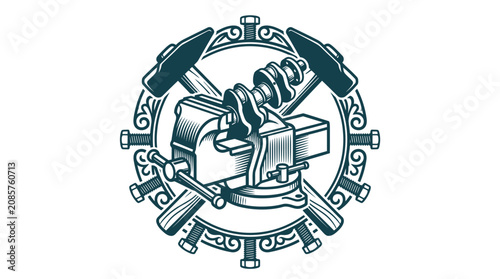 Foto Vintage industrial automotive repair emblem featuring a mechanical bench vise holding an engine crankshaft with crossed hammers and a decorative circular frame with bolts