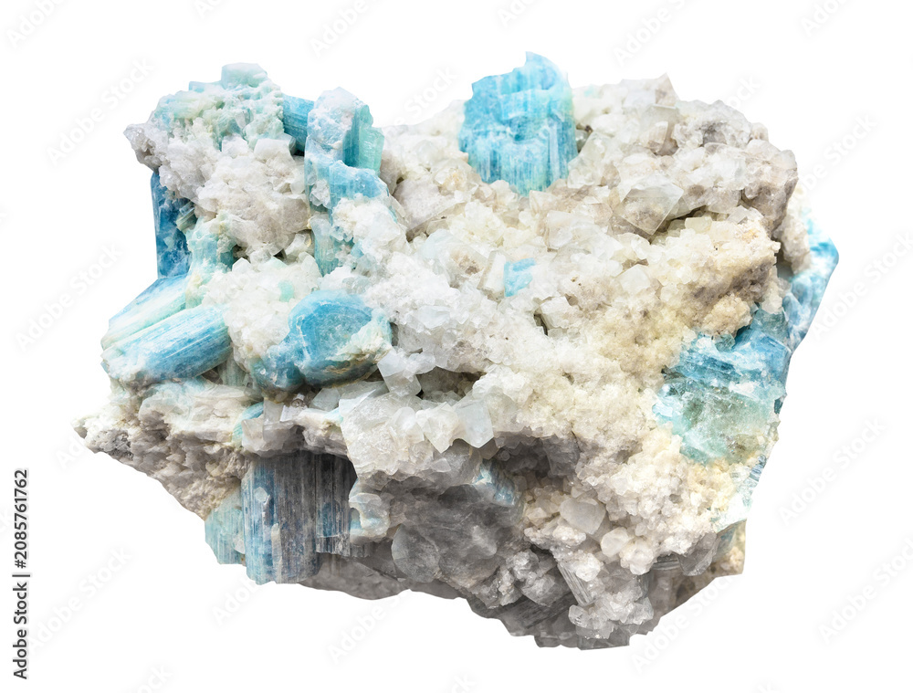 Fototapeta premium specimen of mineral from geological collection - raw druze of aquamarine rock isolated on white background from Sherlovaya Gora, Zabaykalsky Krai
