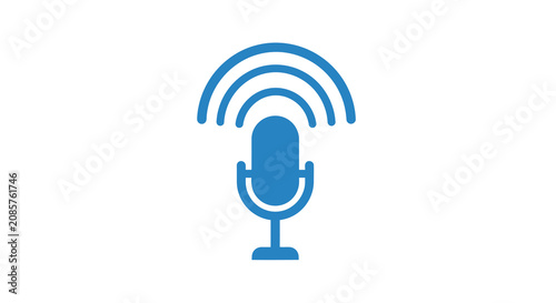 Fotografie Microphone Icon With Sound Waves Flat Blue Silhouette On White Background