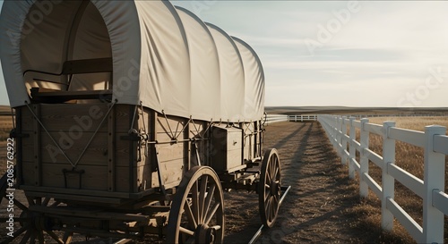Wooden covered wagon on a dirt path near a fence