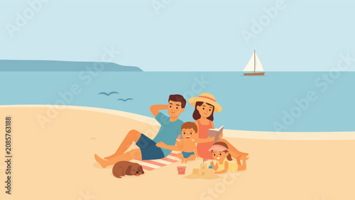 Tableau sur toile Family with pet dog relaxing on a tropical sandy beach vacation lifestyle recrea