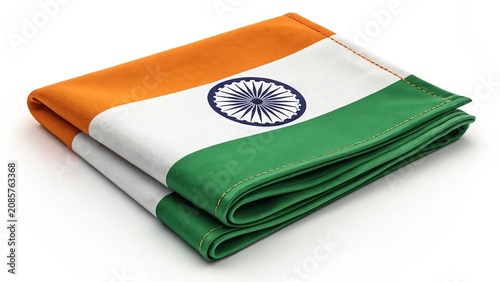 Tricolor cotton flag neatly folded showing Ashoka Chakra emblem.
