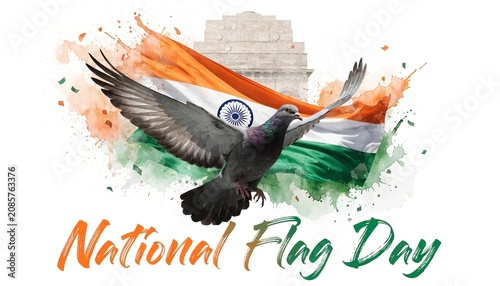 Happy National Flag Day with dove flying near tricolor.
