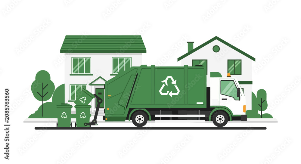 Obraz premium Green Recycling Truck Collecting Waste Bins in a Suburban Neighborhood Flat Vector Illustration