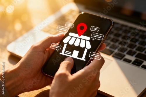 Hands using smartphone with online store icon