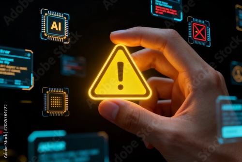 Hand Holding Warning Icon in Digital Tech Interface
