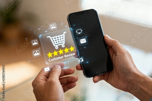 Hands holding smartphone with customer review hologram