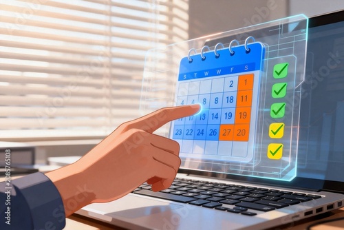Hand interacting with digital calendar on laptop