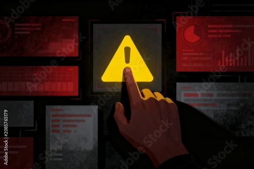 Hand pressing warning alert on digital screen