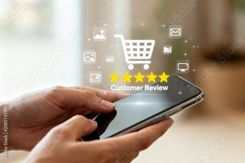Hands using smartphone for online shopping and customer review