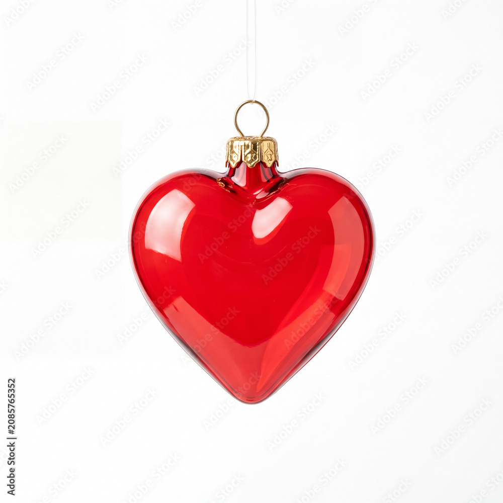 Fototapeta premium Red heart shaped glass Christmas ornament hanging on a white background with copy space