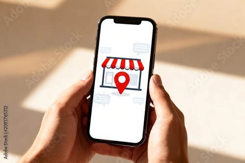 Hands holding smartphone with store locator icon