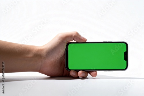 Hand Holding Smartphone with Green Screen