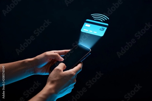Hands using smartphone for contactless payment