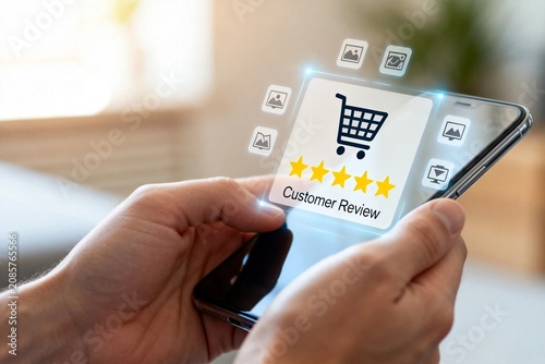 Hands holding smartphone with customer review hologram