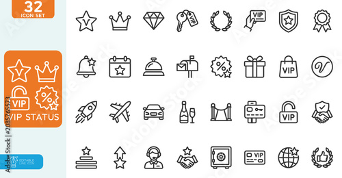 VIP status, loyalty Vector illustration line editable Icons set. Exclusive membership benefit, diamond, premium quality. Simple line signs for club member. on white background.