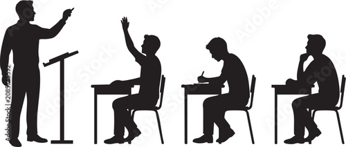 Bild auf Leinwand Teacher and Students in Classroom Silhouette Set, Student Raising Hand, Writing