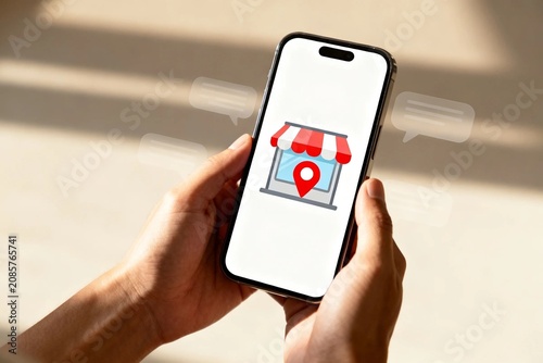Hands holding smartphone with online store icon