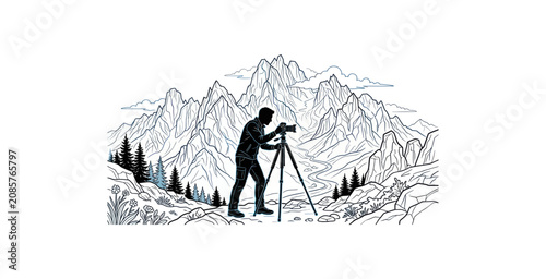 Canvas Print Photographer in Mountain Landscape Line Art Vector Illustration