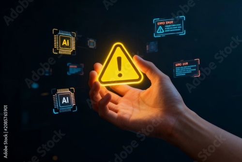 Hand Holding AI Warning Icon in Digital Interface