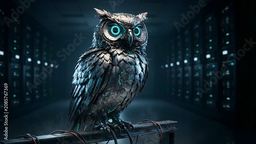 Futuristic digital owl with glowing eyes perched in a high-tech data server room