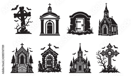 Halloween Graveyard and Cemetery Icons Set