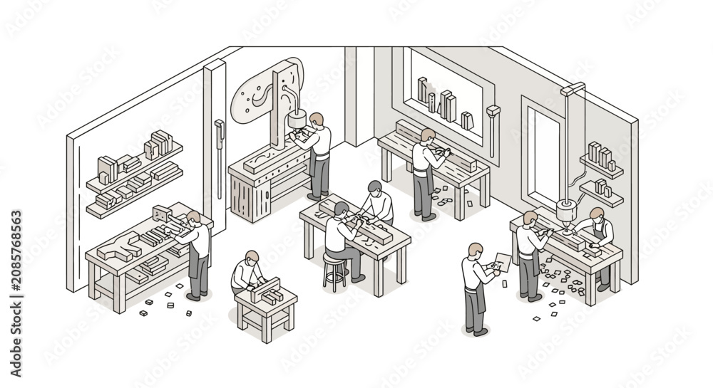 Obraz premium Isometric View of Diverse Professional Woodworkers Collaborating on Sustainable Timber Furniture Manufacturing in Minimalist Modern Carpentry Workshop