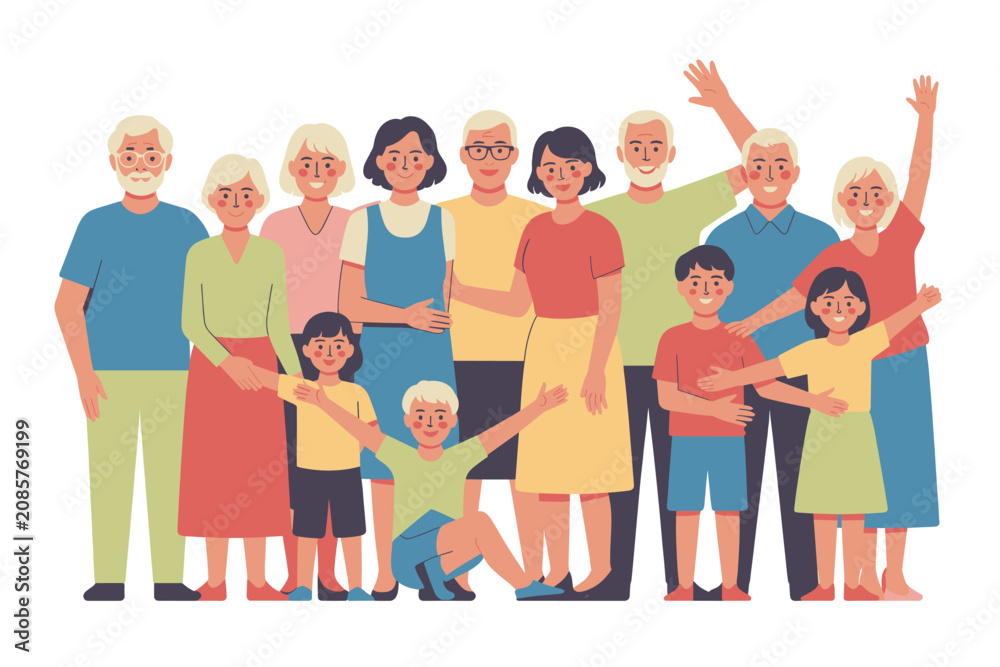 Obraz premium Big multi-generation family portrait, happy extended family group illustration, diverse relatives standing together vector