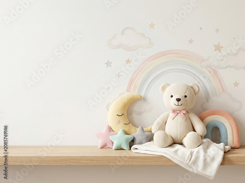 Cozy Nursery Decor Featuring a Cute Teddy Bear with Pastel Rainbow and Moon Accents on a Wooden Shelf for a Soft Baby Room Atmosphere